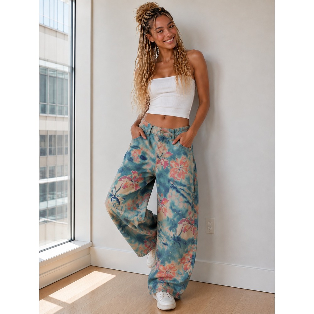 Free People x We The Free Barrel Jeans Size 28 Baggy Floral Boho Hippie